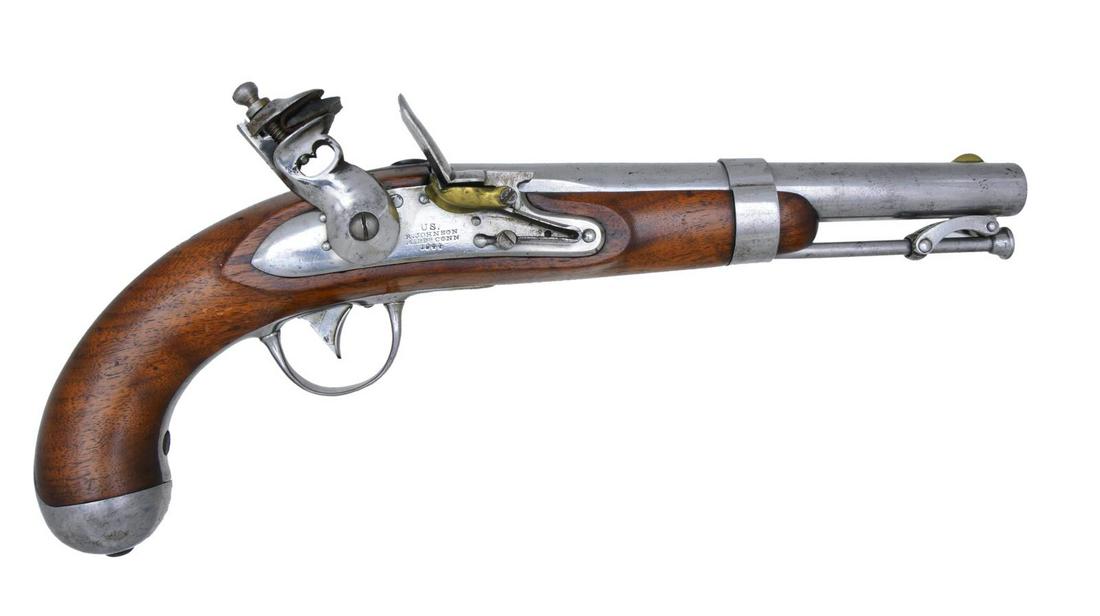FINE US MODEL 1836 JOHNSON CONTRACT FLINTLOCK: PISTOL. 54 cal. NSN. 8.5” barrel inspected at breech â€œJH / P”, lock: â€œUS / R. JOHNSON / MIDDâ€™N CONN / 1844”. Robert Johnson delivered 18,000 pistols (1836-1844). T