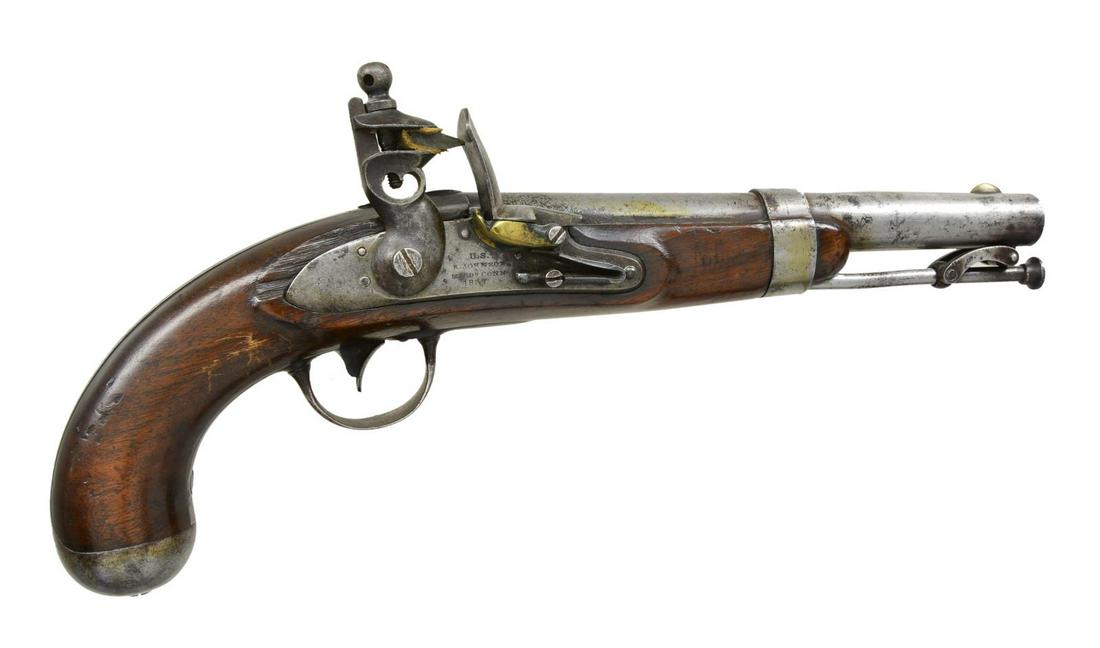 FINE 1837 DATED US MODEL 1836 JOHNSON CONTRACT: FLINTLOCK PISTOL. Cal. 54. NSN. 8.5” barrel inspected at breech â€œUS / JW / P”, lock: â€œUS / R. JOHNSON / MIDDâ€™N CONN / 1837”. Robert Johnson delivered 18,000 pistol
