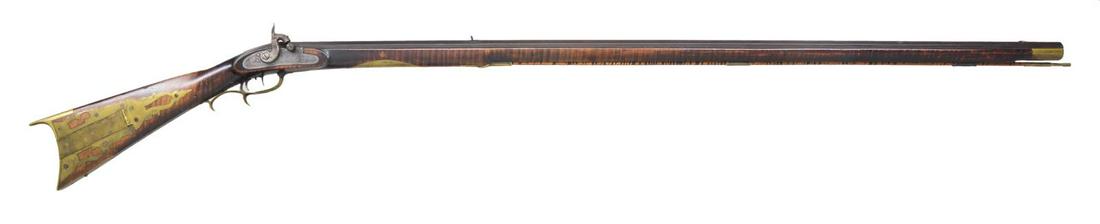 FINE WESTERN PENNSYLVANIA OR OHIO PERCUSSION: RIFLE. Cal. 36. 62” overall, 46” octagonal barrel signed with two script initials (maybe LJ or LT). Henry Parker percussion lock, converted flint to percussion barrel with drum bolster, br