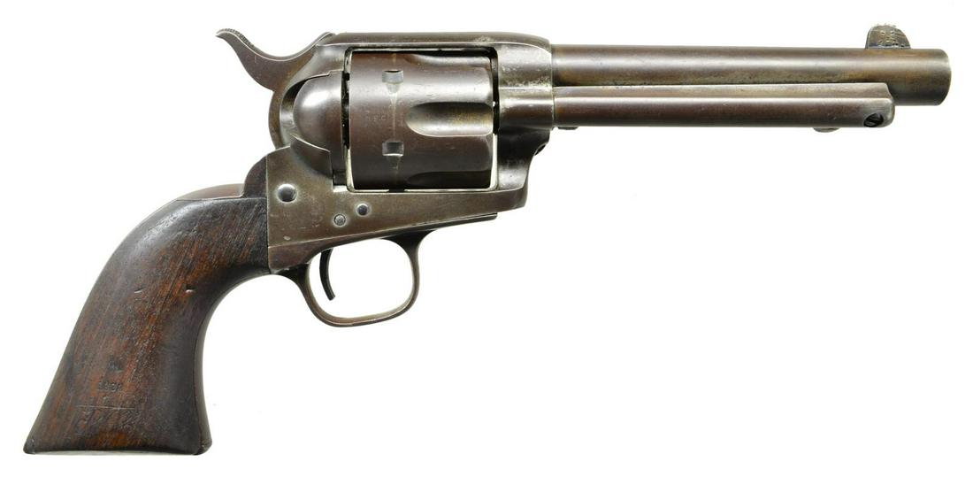 COLT US ARTILLERY MODEL SAA REVOLVER.: Cal. 45 Colt. S# 630. Bbl. arsenal shortened to 5 1/2" with blade sight. Bbl. has Hartford address. Fluted 6 shot cylinder. Left side of frame is stamped "US". Bottom of barrel has "A" inspectors mark