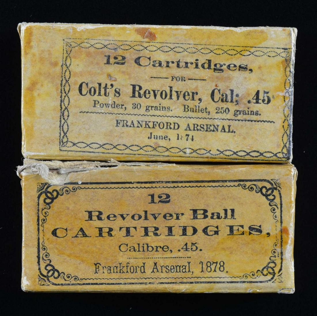 2 BOXES OF INDIAN WAR FRANKFORD ARSENAL 45 COLT &: 45 REVOLVER CARTRIDGES. 1) 12 Rounds of 1874 dated Frankford Arsenal .45 Colt Revolver cartridges. The US Army accepted the Colt Single Action Army revolver in 1873 along side the 45 Colt cartridge. T