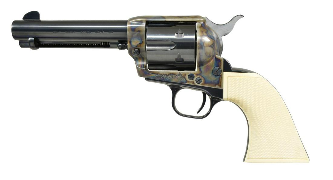 COLT 3RD GENERATION SAA REVOLVER.: Cal. 45 Colt. S# SA20430. Bbl. 4 3/4" with blade sight and Hartford address. 6 Shot fluted cylinder. Blue finish with case colored frame and polished hammer sides. 1 Piece checkered grips, right panel