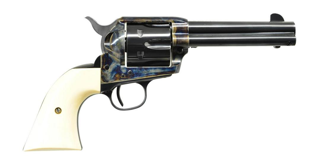 CONSECUTIVE NUMBERED PAIR UNITED STATES FIRE ARMS: FRONTIER SIX SHOOTER SA REVOLVERS. BOTH: Cals. 44-40 / 44 Special. Bbls. 4 3/4" with blade sights. Six shot fluted cylinders. Left side of frames have Colt style 3 line patent dates. Dome Blue and Old
