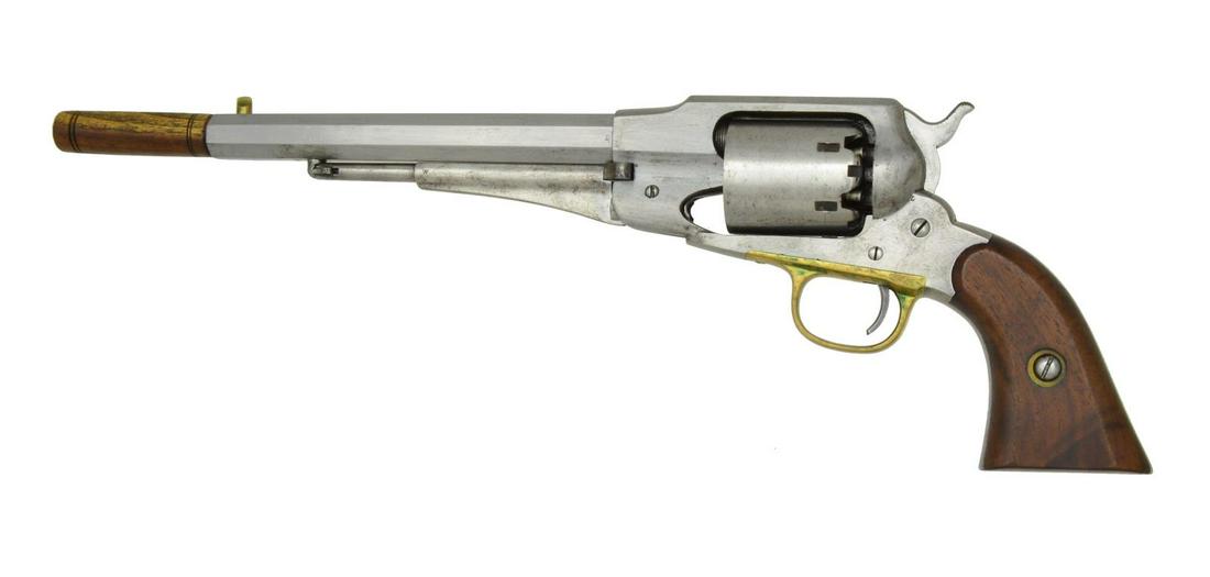 REMINGTON NEW MODEL ARMY US INSPECTED REVOLVER.: Cal. 44. S# 61043. Bbl. 8" octagon with replacement brass blade front sight. 6 Shot round cylinder with safety notches on shoulders between nipples. Brass trigger guard. Major parts have "W", "L" or "