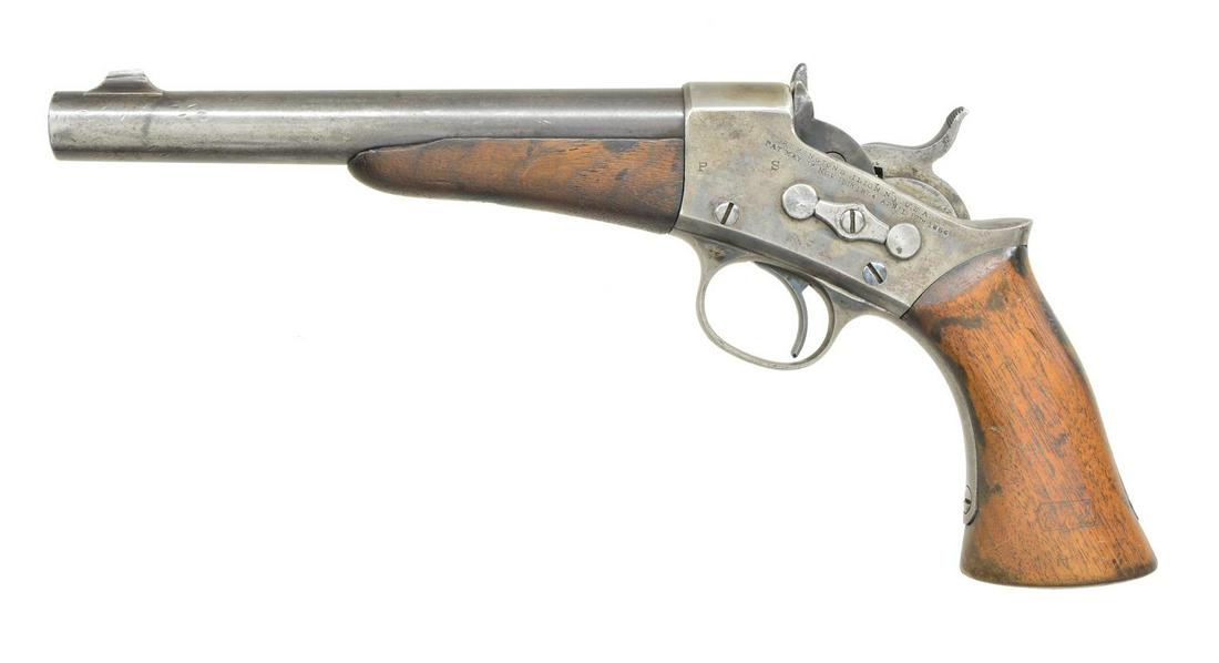 REMINGTON 1871 ARMY ROLLING BLOCK SINGLE SHOT: PISTOL. Cal. 50 CF. NSN. Bbl. 8" round with blade sight. Case colored action. Left side of receiver is marked "REMINGTONS, ILION N.Y. U.S.A. / PAT. MAY 3d, NOV. 15TH 1864, APRIL 17TH 1866". Walnut for
