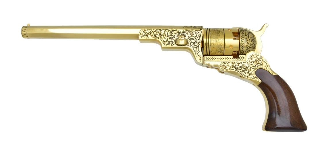 AMERICAN HISTORICAL FOUNDATION TEXAS PATTERSON: REVOLVER. Cal. 36. S# "399 of 950". Bbl. 9" octagon. 5 Shot round cylinder. Folding trigger. Action, cylinder and breech end of barrel have hand engraving done in Gustaf Young style. Full 24 karat gol