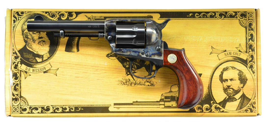 CIMARRON LIGHTNING REVOLVER.: Cal. 41 Colt. S# UE7224. Bbl. 4 3/4". Fixed rear sight. U notch blade front sight. Case colored frame, loading gate & hammer. Blued grip frame, cyl., trigger guard, ejector housing & bbl. Smooth walnu