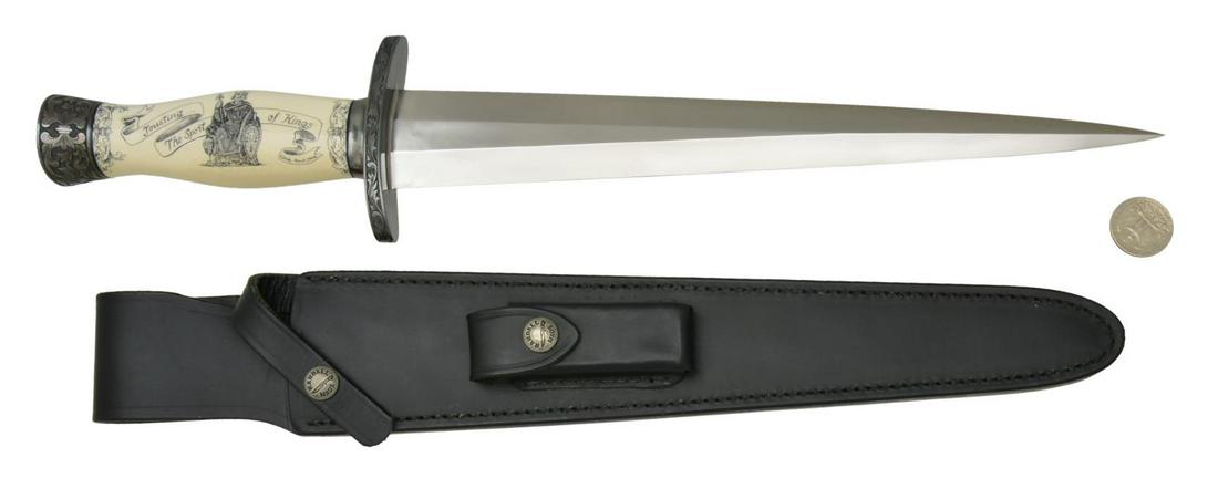 LINDA STONE SCRIMSHAW & J DAVIDSON ENGRAVED: RANDALL MADE MODEL 13 ARKANSAS TOOTHPICK KNIFE. Overall: 17 1/2". Dbl. edged 12" blade. Silver dbl. hilt w/ collar has vine type foliate scroll engraving along edges w/ punch dot backgrounds. Silver b