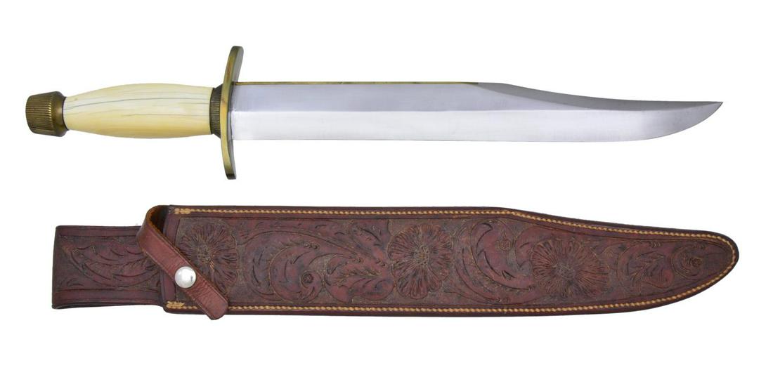 1960'S STYLE RANDALL MADE MODEL 12 RAYMOND THORP: BOWIE KNIFE. Overall: 18 1/2". Blade 13" w/ 6 1/2" brass reinforcement on spine. Brass dbl. hilt w/ scalloped collar. Brass Flanged scalloped butt cap. Elephant handle. UNATTACHED ACCESSORIES: "12 13"