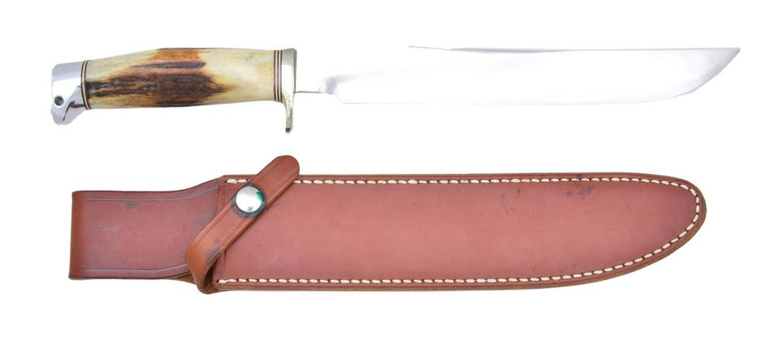 RANDALL MODEL 6 "S" ALL PURPOSE CARVING 9" KNIFE.: Overall length: 13 3/4". Stainless steel 9" blade. Nickel silver hilt. Stag grip. Duraluminum "crow's beak" butt cap w/ lanyard loop. UNATTACHED ACCESSORIES: Randall Made brown leather sheath & zipper