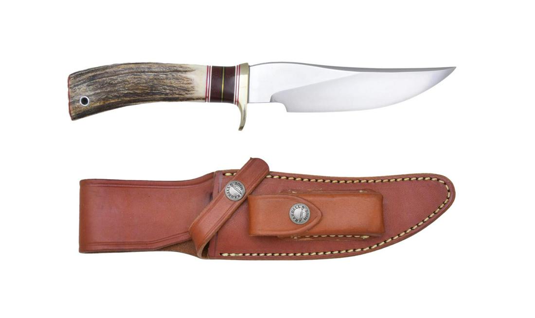 RANDALL MADE MODEL 27 TRAILBLAZER KNIFE.: Overall: 10 5/8". Stainless steel 5 3/4" blade. Nickel silver hilt. 13 Spacer stag handle w/ lanyard loop. UNATTACHED ACCESSORIES: Randall Made "27" brown leather sheath & sharpening stone in near exc