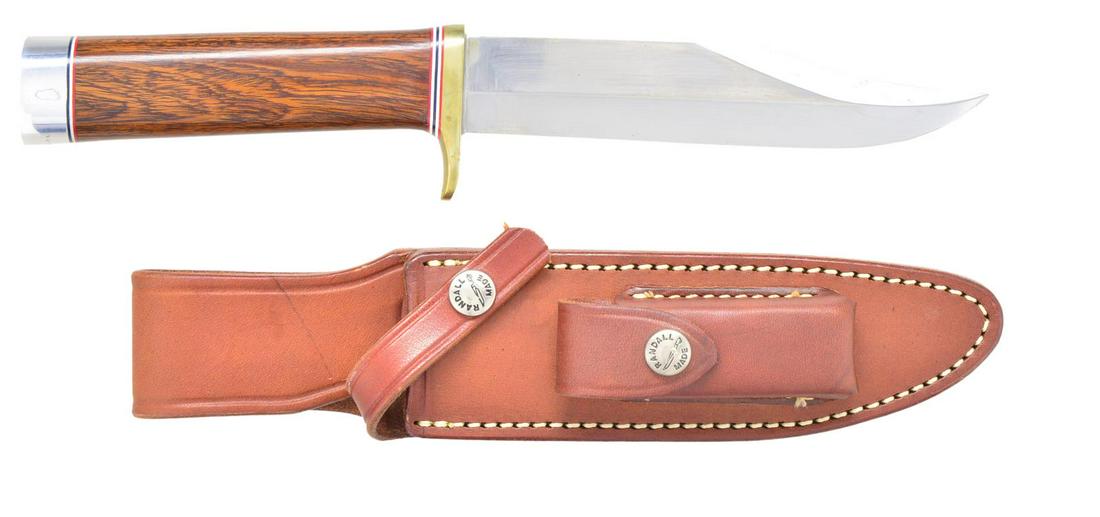 RANDALL MODEL 12 - 6" SPORTSMAN BOWIE KNIFE.: Overall: 11". Blade 6". Brass single hilt. Ironwood handle. Duralumin buttcap. UNATTACHED ACCESSORIES: "6" marked Randall Made brown leather sheath & instruction manual. CONDITION: very good overall a