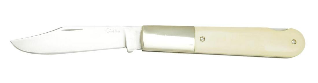 WALTER GRIGG FOLDER KNIFE.: Overall: 9 1/4". Overall when closed: 5 1/4". Stainless steel 3 1/2" blade & other metal parts. grip panels. UNATTACHED ACCESSPROES: Randall Made brown leather sheath & ad. CONDITION: Very good overal