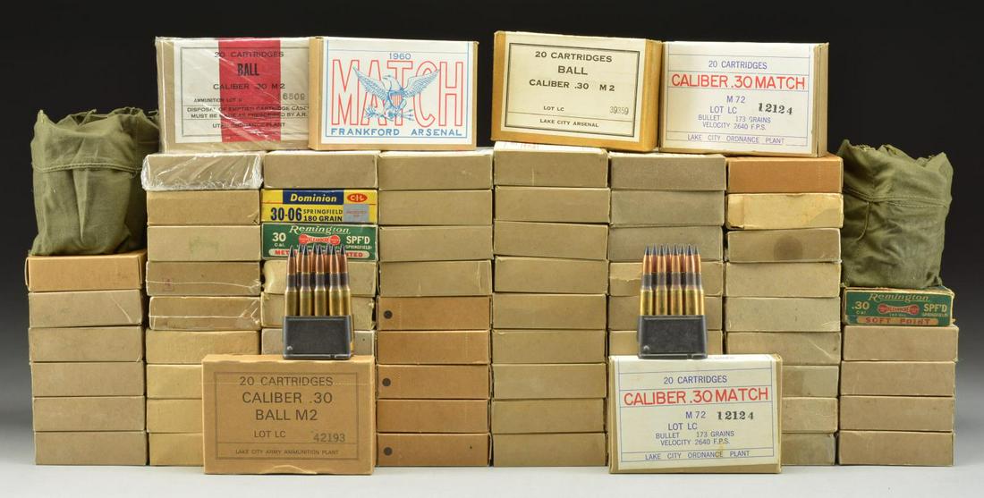 70+ BOXES MOSTLY US MILITARY 30-06 AMMO.: BOXES ARE FULL 20 RDS. UNLESS NOTED. LOT CONTAINS ARMOR PIERCING AMMO. LAKE CITY: 4 BOXES M2 of red bar ball Lot 13000's. / 1 BOX M2 white label Lot 39359. / 1 BOX M2 lot 35580. / 1 BOX M2 lot 42719. 
