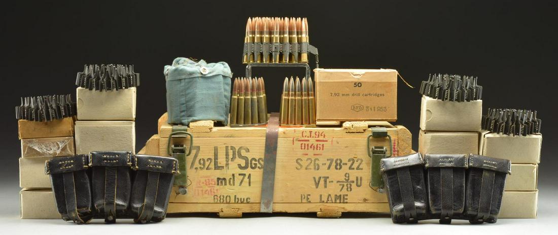 1,050+ RDS. OF 8MM MAUSER.: 680 RDS. (1 CRATE) appearing to be Romanian Md. 71 ball ammo in sealed wooden crate. / 50 Rds. Linked along w/ another belt of MG34 inside ammo can issued to Finnish Army w/"SA" mark on top of lid. / 