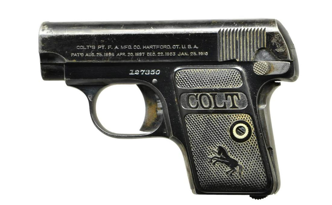 COLT MODEL 1908 VEST POCKET HAMMERLESS SEMI AUTO: PISTOL. Cal. 25 ACP. S# 127350. Bbl. 2". Case colored trigger and grip safety with balance blued. Fixed sights with factory hard rubber “COLT” marked grips. MAGS: NONE. CONDITION: metal re
