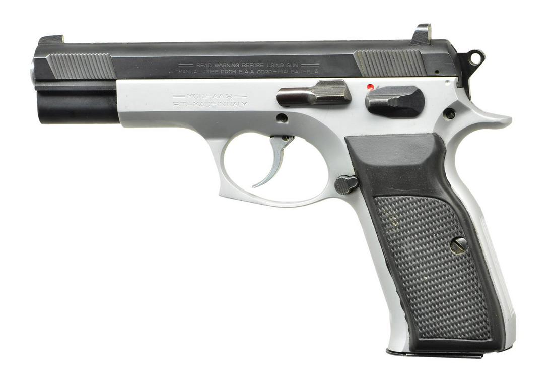 EUROPEAN AMERICAN ARMORY CO. EAA9 PISTOL.: Cal. 9mm Parabellum. S# AE040404. Bbl. 4.5". Two-tone traditional double action pistol. Slide serrated, front & rear w/ serrated flat top rib. 3 Dot sights. Left side controls. Serrated hammer spur, s