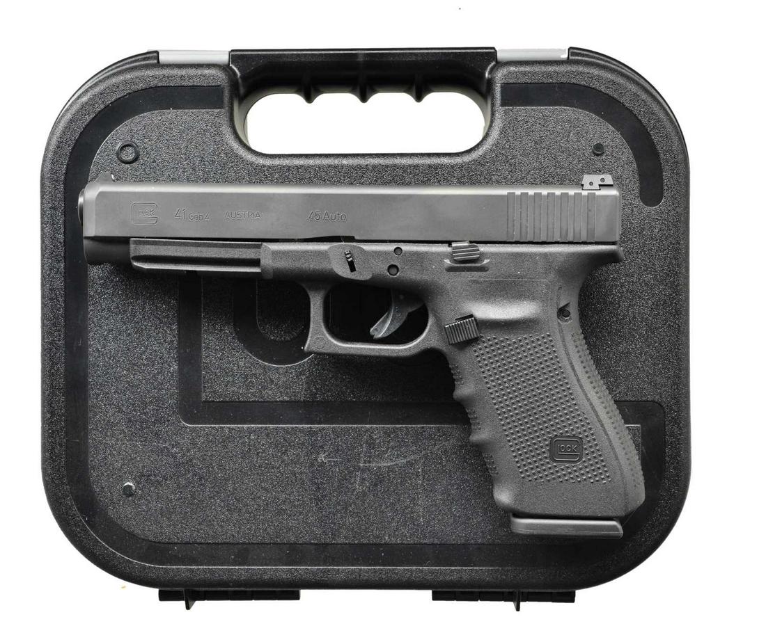 VERY CLEAN GLOCK 41 GEN4 PISTOL.: Cal. 45 ACP. S# XVT469. Bbl.5.25". Matte black finish. Serrated slide w/ standard Glock sights. Left side controls. Textured grip w/ finger grooves. Gen 4 Glocks utilize replaceable rear grip straps a