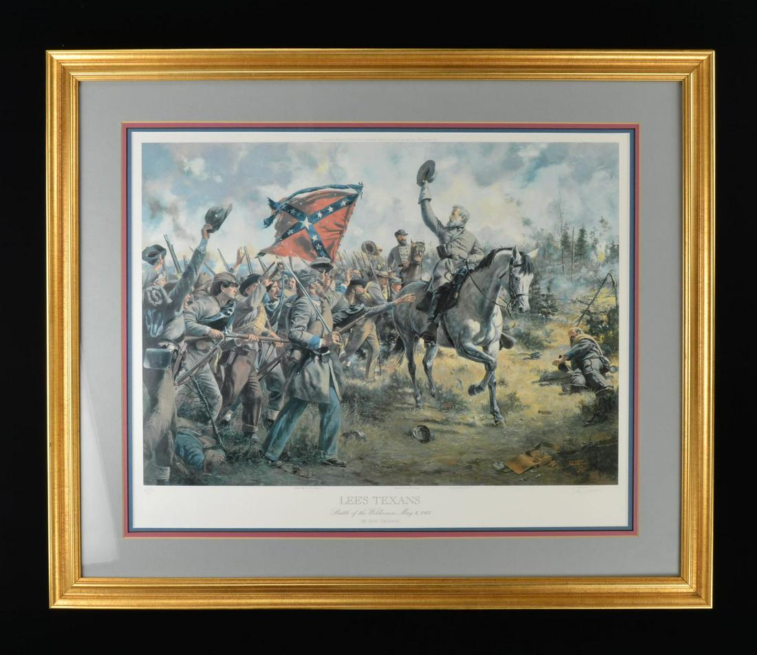 DON TROIANI (AMERICAN, 1949-) “LEES TEXANS, BATTLE: OF THE WILDERNESS, MAY 6, 1864” FRAMED PRINT. 35” x 29” Frame, signed & numbered 583/950. CONDITION: fine. PROVENANCE: The Cullen Smith Estate Collection. (02-17270/JS). $200-300.