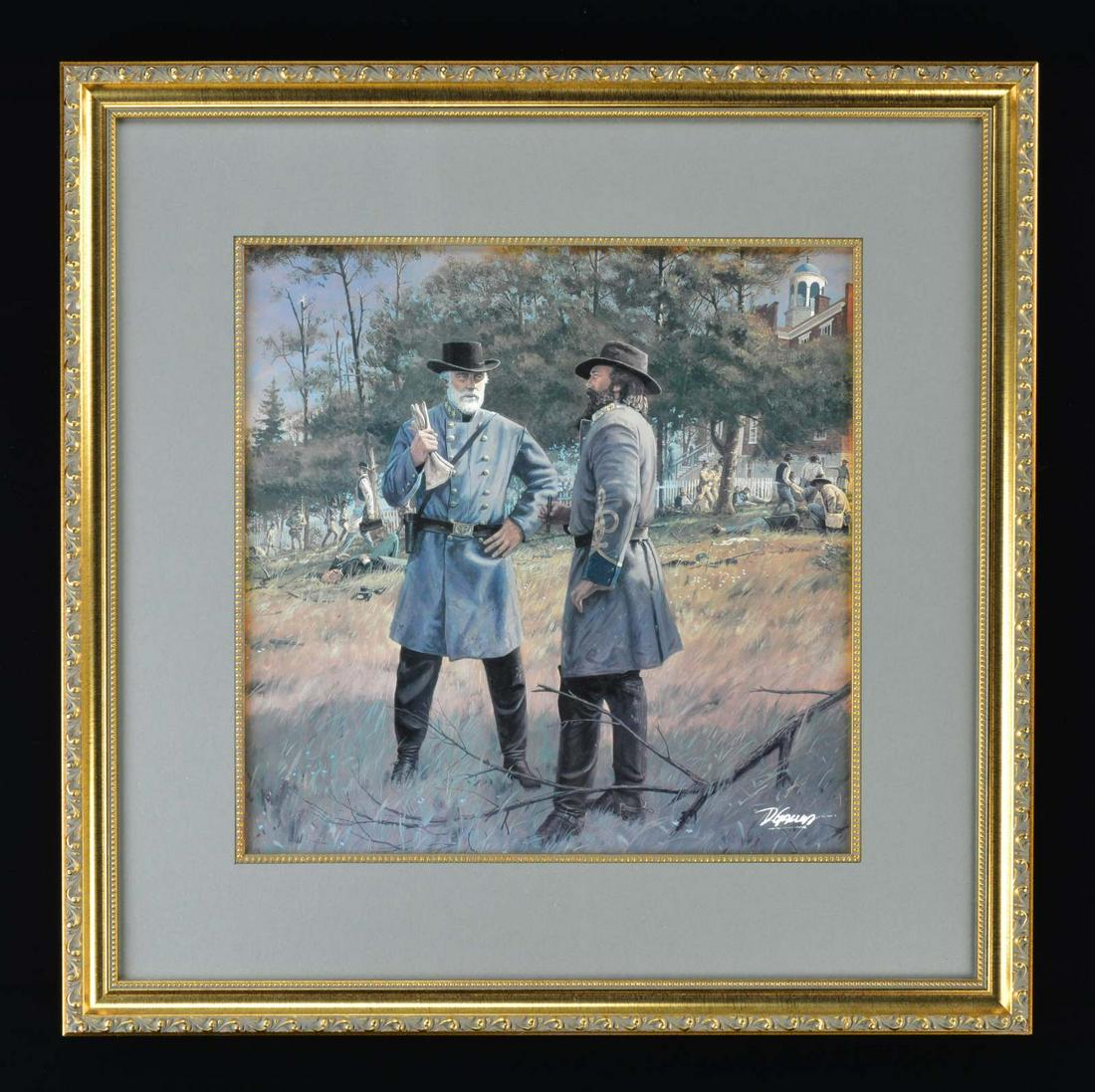 DALE GALLON, GENERAL LEE & LONGSTREET AT: GETTYSBURG “TOMMOROW WE MUST ATTACK”. 22” x 22” Lithograph. CONDITION: generally good. PROVENANCE: The Cullen Smith Estate Collection. (02-17287/JS). $100-200.