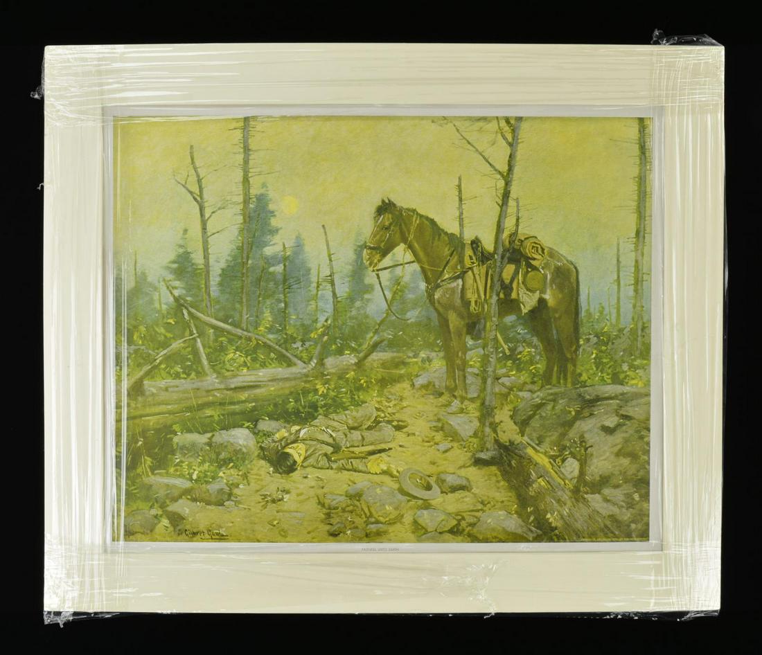 GILBERT GAUL 1907 "FAITHFUL UNTO DEATH": CHROMOLITHOGRAPH. 24" x 20" (Mat size) printed 1907 by Southern Art Publishing Co. CONDITION: very good overall, light fading. PROVENANCE: The Cullen Smith Estate Collection. (02-17419/JS). $75-125.