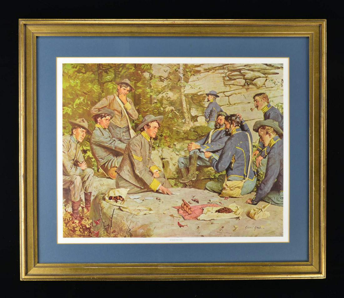 GILBERT GAUL (AMERICAN, 1855-1919) “BETWEEN THE: LINES" FRAMED PRINT. 27” x 23” Framed. 1907 By Southern Print Company. CONDITION: good overall. PROVENANCE: The Cullen Smith Estate Collection. (02-17268/JS). $50-75.