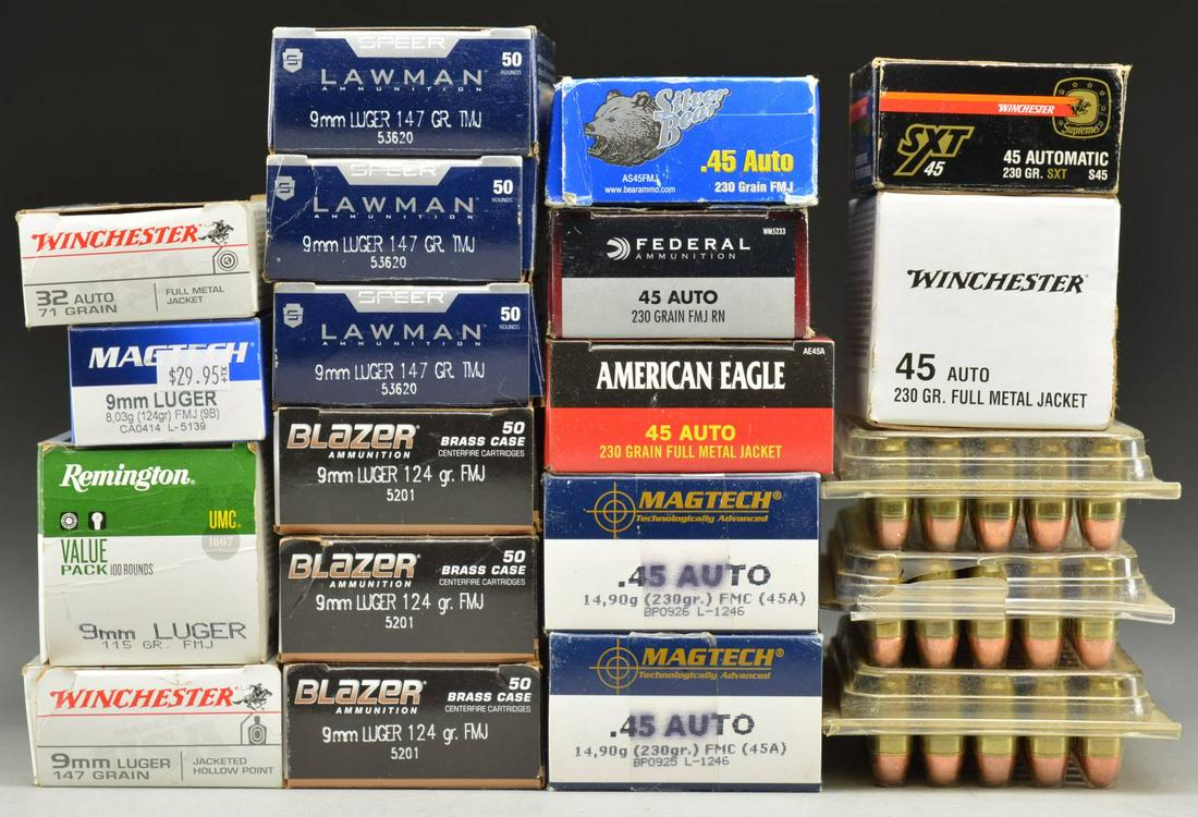 20 BOXES OF PISTOL AMMO.: Lots contains hollow point ammunition.45 ACP 110 rounds in 3 boxes American ammunition 230 GRAIN copper coat.85+ rounds in 2 boxes Magtech 230 GRAIN FMC.100 rounds in 1 box Winchester 230 GRAIN full m