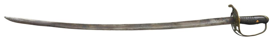 NASHVILLE PLOW WORKS CONFEDERATE CAVALRY SABER.: 35" Unstopped fuller blade, classic hilt with cast "NASHVILLE PLOW WORKS" in arc over "CSA" on bottom of stippled guard, brass mounted lap seam original Nashville scabbard. This exact sword is picture
