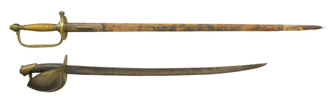 2 CIVIL WAR ERA US SWORDS.: 1) CUTLASS. A good example of a M1860 naval cutlass measuring 31" overall with a 25" single fullered blade. No markings are visible at the ricasso likely due to reconditioning in the 1890's. Brass cup