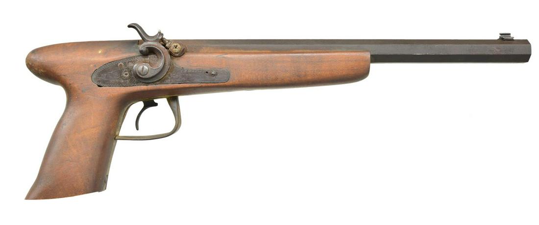 UNMARKED CONTEMPORARY PERCUSSION PISTOL.: Cal. 45. NSN. Oct. 12" bbl. Open sights. "I HOLLIS" Right side shotgun hammer lock fitted to fire percussion nipple. Hardwood stock w/ brass triggerguard. CONDITION: fair brown finished bbl. w/ oxidat