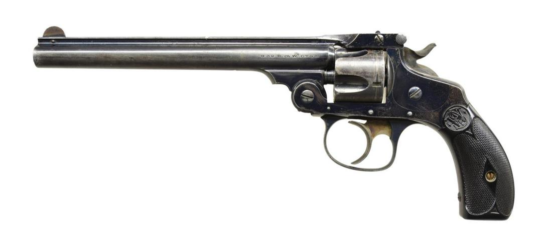 SMITH WESSON 32 TOP BREAK REVOLVER: Cal. 32 S&W. S# 245156. Bbl. 6". This 4th Model has the scarce 6" barrel w/ fixed front & simple notch rear sights. Matching S#s on the butt, cylinder & Bbl. latch. Blued finish & case colored hammer