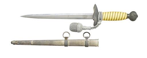 WWII GERMAN 2ND MODEL LUFTWAFFE DAGGER.: Overall length 16 1/2". Plain blade marked "PAUL WEYERSBERG & CO BERLIN (logo)". Plated eagle cross guard and pommel with central party symbol. Cream colored composite grip with wire wrap. Dagger knot