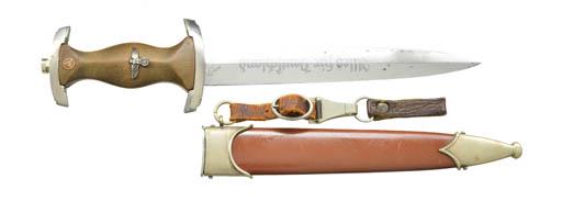 WWII GERMAN SA DAGGER.: Overall length 14 1/2". Blade is etched on one side "Alles fur Deutschland" and is marked "ROBERT KLAAS SOLINGEN (logo) RZM.M7\37" on the other. Plated cross guard & pommel with brown enamel SA button