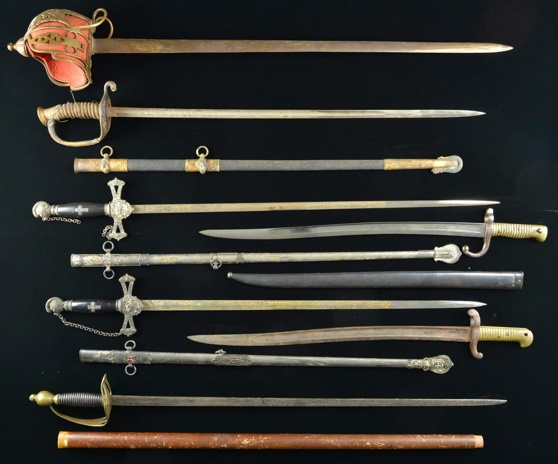 2 SABER BAYONETS & 8 SWORDS.: This varied group consists of 1 French M1842 saber bayonet with no scabbard and a broken spring. / 1 French M1866 saber bayonet with scabbard. Bayonet is in fine lightly used condition. / 4 US late 19