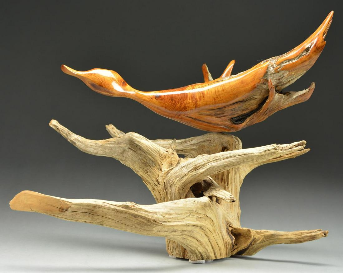 BOG ROOT CEDAR CARVING OF A FLYING DUCK.: Two piece carving including top section w/ varnished duck head & partial body emanating from juncture of natural root. Carving is mounted on weathered root base. Bottom of duck's breast is marked "BRE