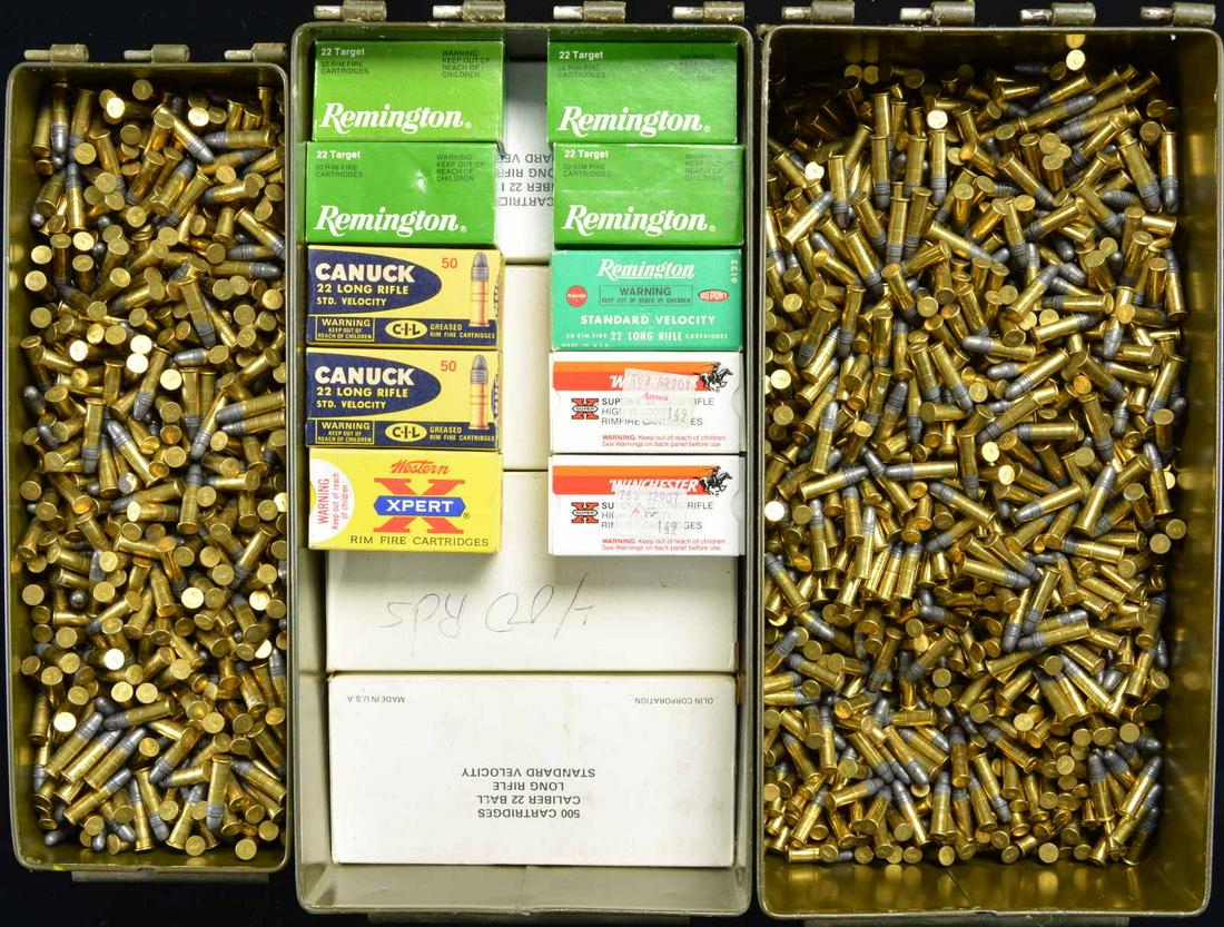 LARGE LOT OF 22 LR AMMO.: 1 Ammo cans (30 CAL.) full of 22 LR ammo.; approx. 2000 rds.1 Ammo can (50 CAL) full of 22 LR ammo; approx. 3500 rds.2,500 RDS. (5 BRICKS) Olin Corporation white box.500 RDS. (10 BOXES) Rem. Target st