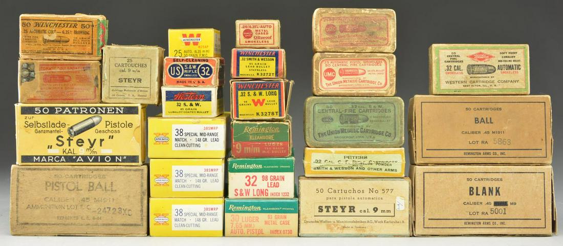 25 BOXES OF PISTOL AMMO.: 50 rds. (1 SEALED BOX) Peters 32 S&W 82 gr. solid head. 50 Rds. (1 BOX) WWII era Winchester 32 S&W Long. Box in fair condition w/ torn end flaps.30+ RDS. (1 BOX) Western 32 S&W 85 gr. Lubaloy. 25+ RDS