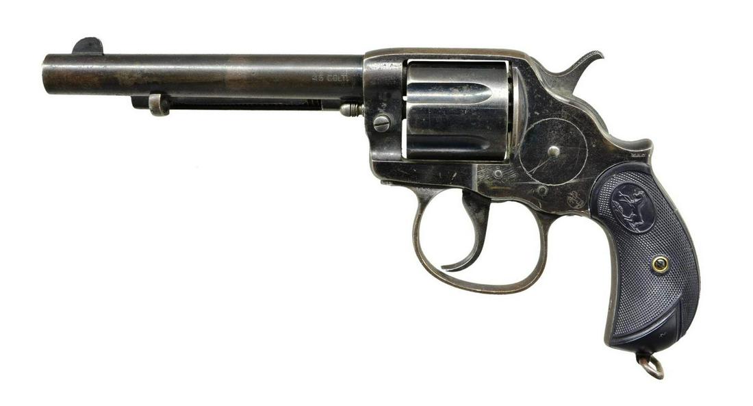 COLT 1902 PHILIPPINE CONSTABULARY DA REVOLVER.: Cal. 45 Colt. S# 45587. Bbl. 6" w/ blade front sight & notched pinched frame rear. Mfg. 1900 (1900-1901 w/in S# range of 43401-48097) as variation of Model 1878 w/ large trigger guard & long trigger (