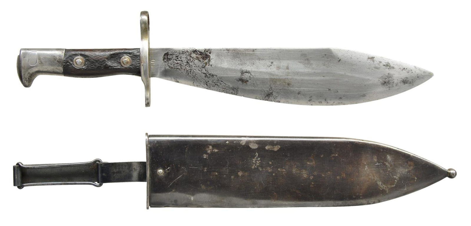 EXTRORDINARILY RARE CORRECT SPRINGFIELD 1902 KRAG: BOLO BAYONET. 10 5/16" bolo type blade with approx. 4" false edge. Blade is marked on left ricasso "1902"; marked on right ricasso "US". Straight crossguard with muzzle ring. Walnut grips fastened by 