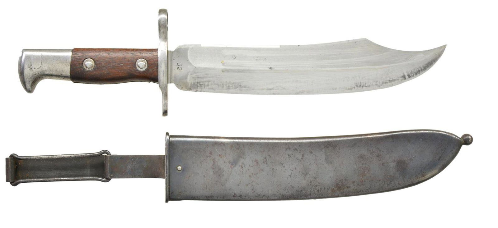 RARE AND DESIRABLE U.S. SPRINGFIELD KRAG BOWIE: BAYONET. 9" Bowie blade bayonet. Blade is 1 3/4" wide & 1/8" thick. It has a clipped point & unstopped fullers. Marked on left ricasso "1900". Marked on right ricasso "US". Straight cross guard, Birds