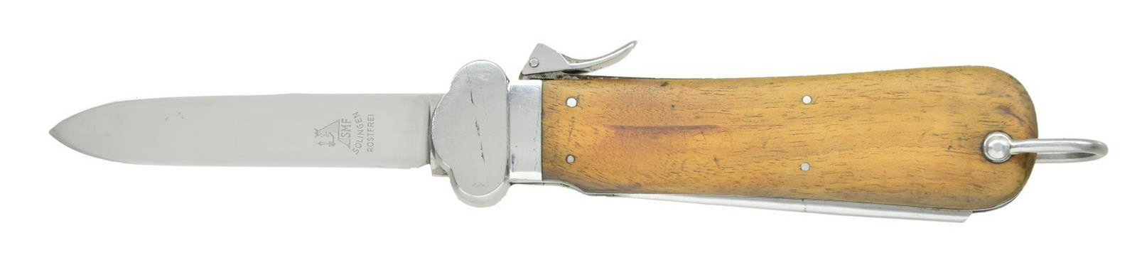 SMF WWII GERMAN FALLSCHIRMJAGER GRAVITY KNIFE WITH: CAPTURE DOCS. Overall length 10 3/4" with extended blade & lanyard ring. Blade is marked “(king) SMF SOLINGEN ROSTFREI”. 2 Piece wood grip secured by 4 pins and the lanyard ring. Extendabl