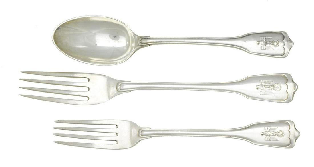 WWII GERMAN SILVER DINNER FORK, TABLE SPOON &: SALAD FORK FROM JOACHIM VON RIBBENTROP’S PERSONAL FORMAL SILVER DINNER SERVICE. These 2 forks and spoon belonged to Joachim von Ribbentrop, the Reichs Minister of Foreign Affairs for Germany dur
