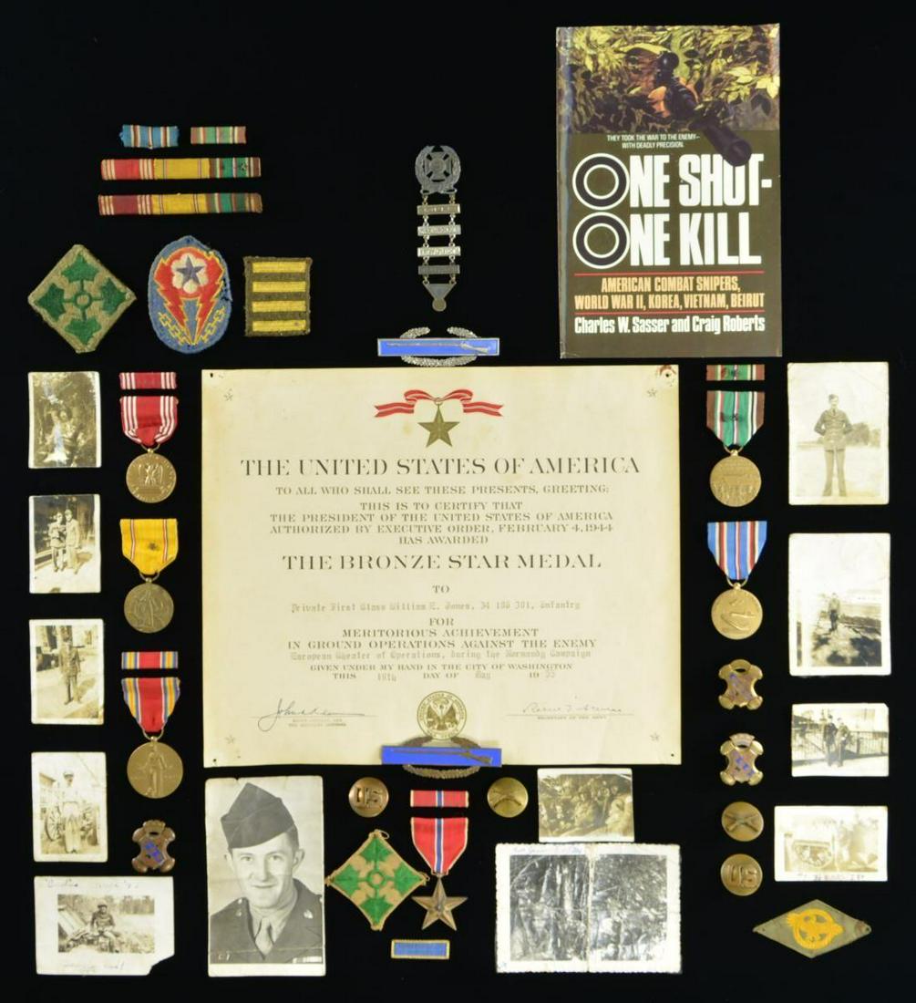 INTERESTING GROUPING RELATING TO PRIVATE WILLIAM E: JONES, WWII US ARMY SNIPER.This interesting grouping of medals, photographs, patches, reminiscences & letters relating to Private William E. Jones. Jones was a U.S. Army sniper who served in the 4th d