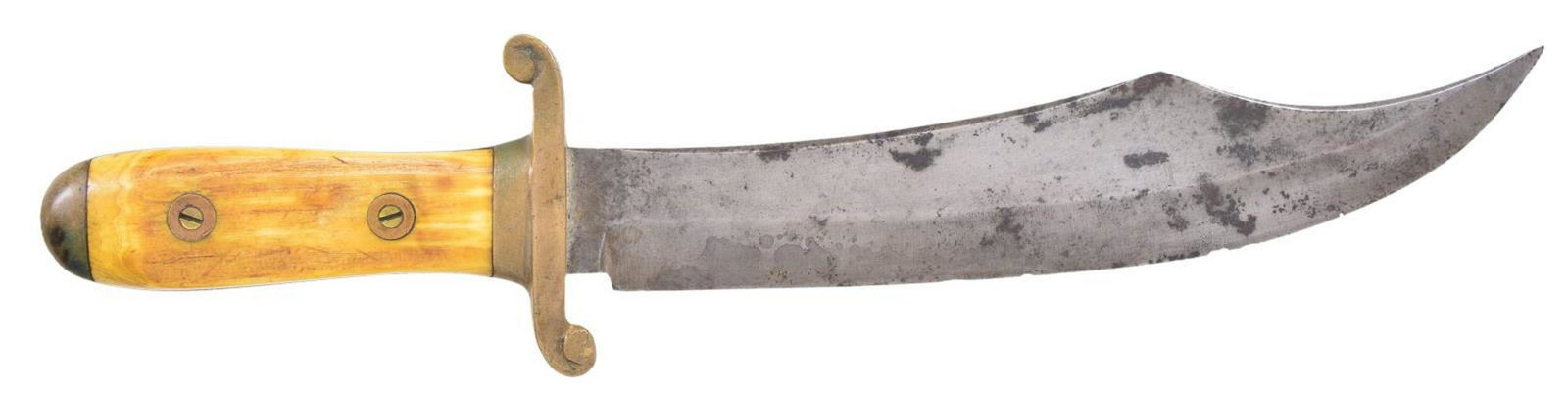 WELLMADE HEAVY CAST BRASS HANDLED: CLIP POINT BOWIE. This is unusual form made from a Krag rifle bayonet with a really good look. 12.5” overall, 8.25” upswept clip point, 1” wide in choil, 1.2” at strat of cutti