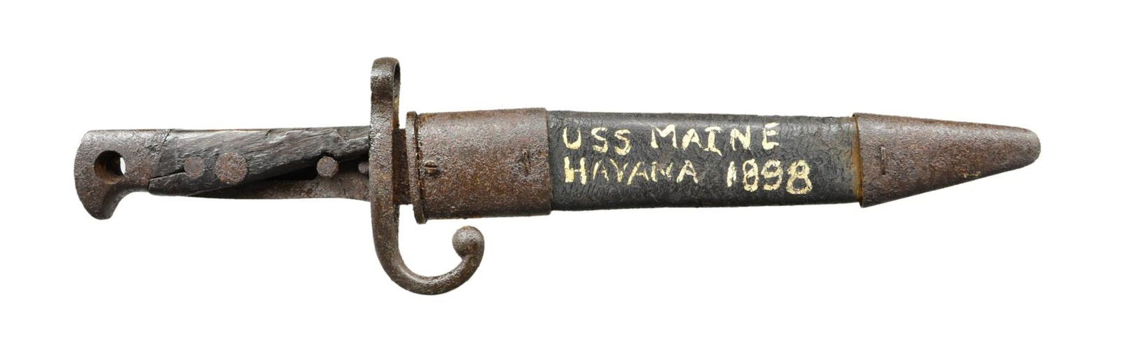 US M1889 REMINGTON ROLLING BLOCK BAYONET RECOVERED: FROM THE USS MAINE. This very historic Naval bayonet has an overall length of 13 3/8”. This bayonet was recovered from the USS Maine that was sunk in Havana Harbor in 1898. When the Maine was ra