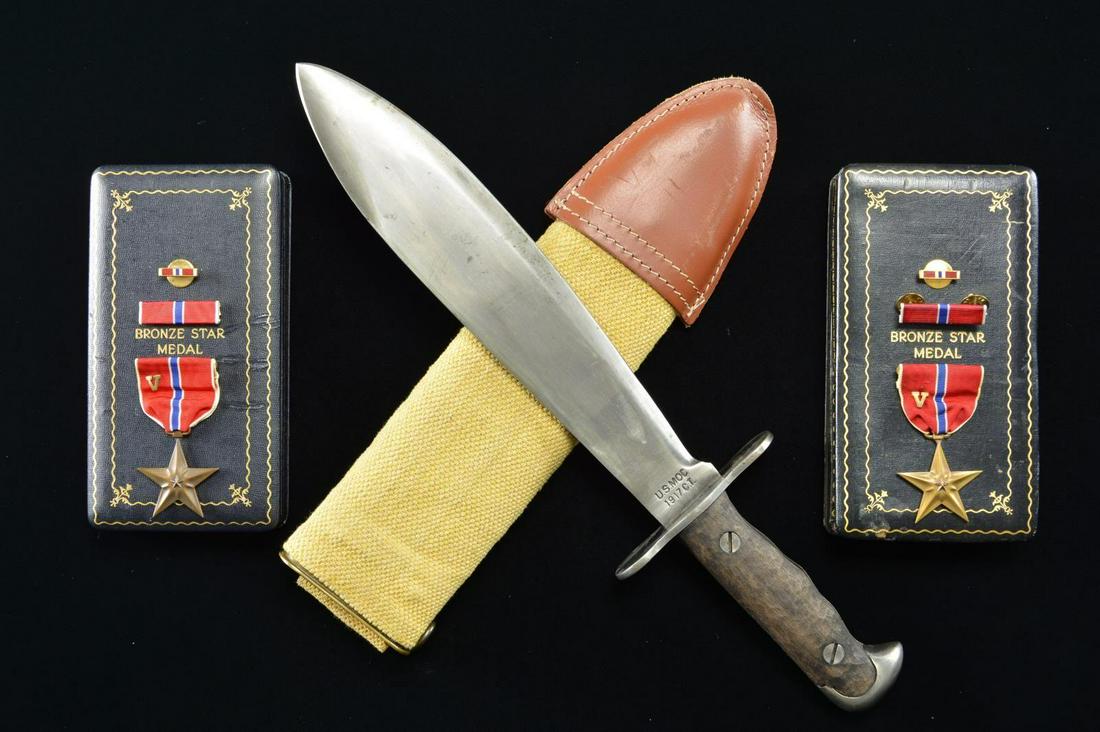 US M1910 BOLO KNIFE & BRONZE STAR MEDALS.: 1) BOLO. This bolo knife has an overall length of 16 1/2" with a blade length of 10 1/4". The blade is marked near the hilt “US. MOD 1917 C.T.” on one side and “PLUMB STLOUIS 1918