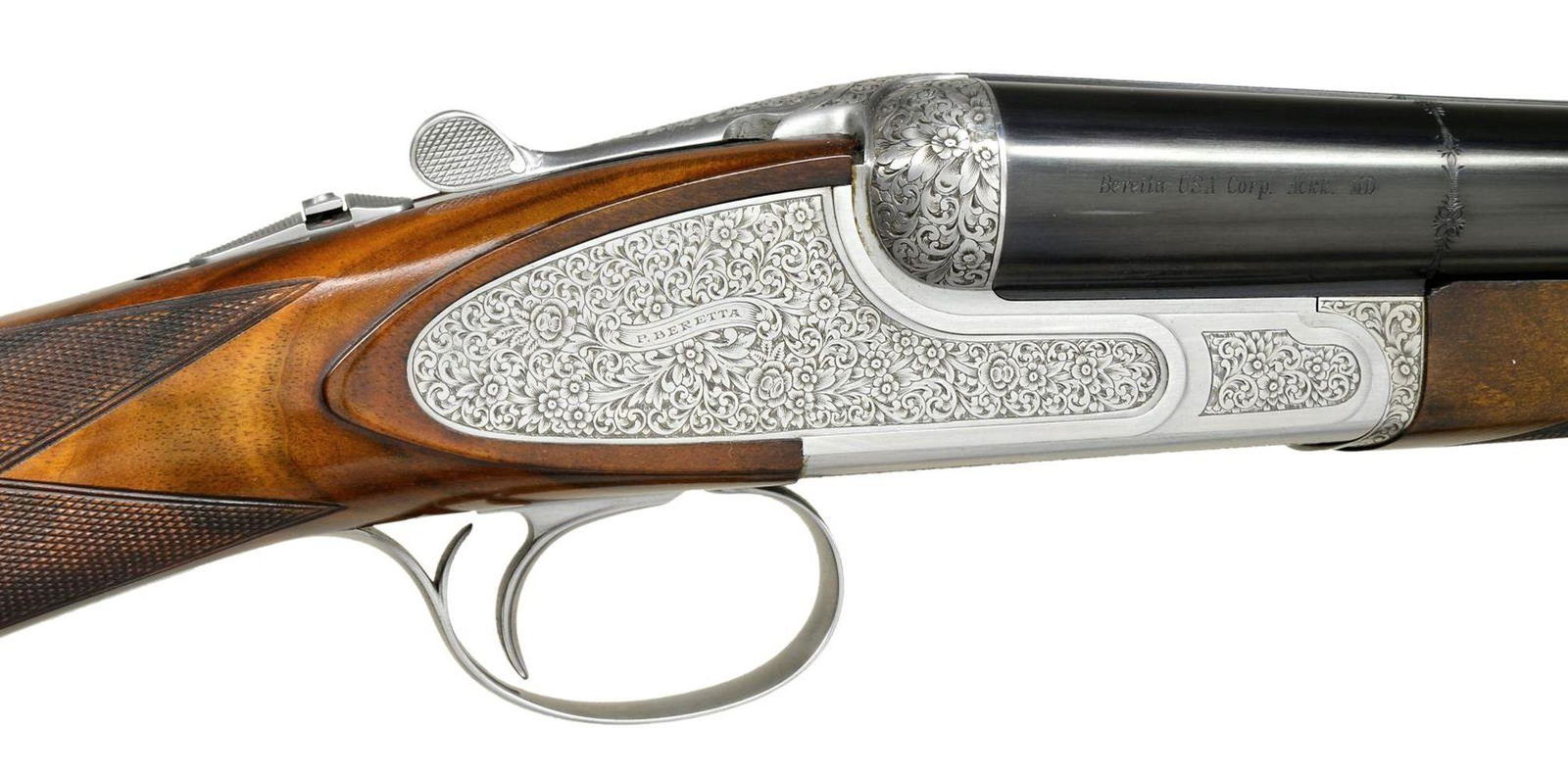 SCARCE BERETTA CUSTOM SHOP JIUBLEO 11 SXS: SIDEPLATED BOXLOCK EJECTOR GAME GUN WITH CASE. Cal. 12 Ga., 3". S# SO5743A. Bbls. monobloc are fitted with concave game rib marked "Beretta" toward rear. Side of right bbl. is marked with Beretta USA