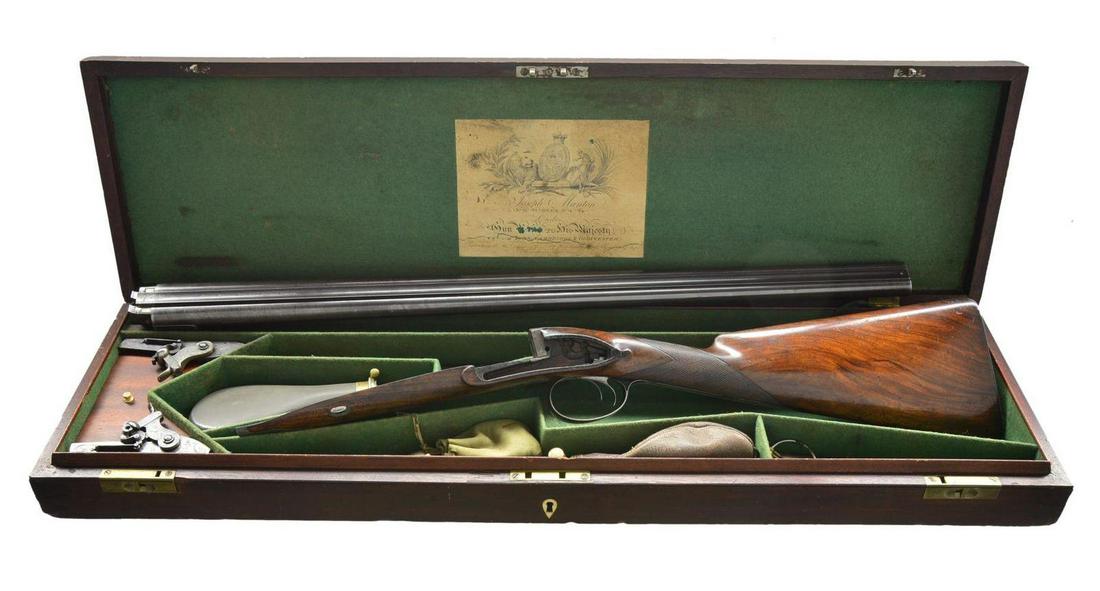 FINE CONDITION JOSEPH MANTON TUBELOCK DOUBLE: SHOTGUN WITH ORIGINAL CASE AND ACCESSORIES. Cal. 16 bore. S# 8884 (1821). Among early percussion systems the tubelock obtained a good following as ignition was generally fast and sure. This gun has 29