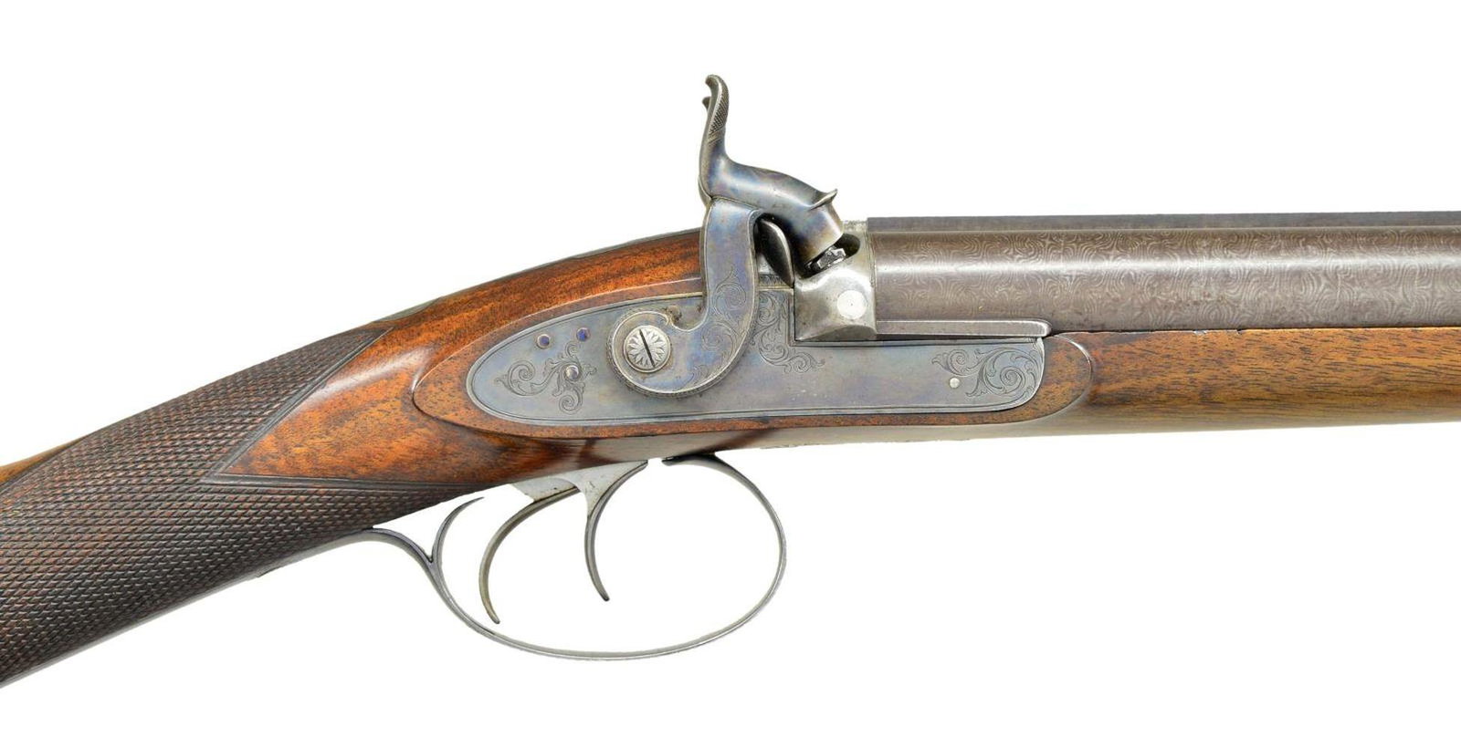 PHENOMENAL JAMES PURDEY 16 BORE DOUBLE: PERCUSSION SHOTGUN WITH CASE AND ACCESSORIES INCLUDING VERY RARE PATENT DENTED WAD PUNCH AND WADS. Cal. 16 Bore. S# 1866 (1829). Purdey records indicate that this shotgun is a 16 bore double with 30" 