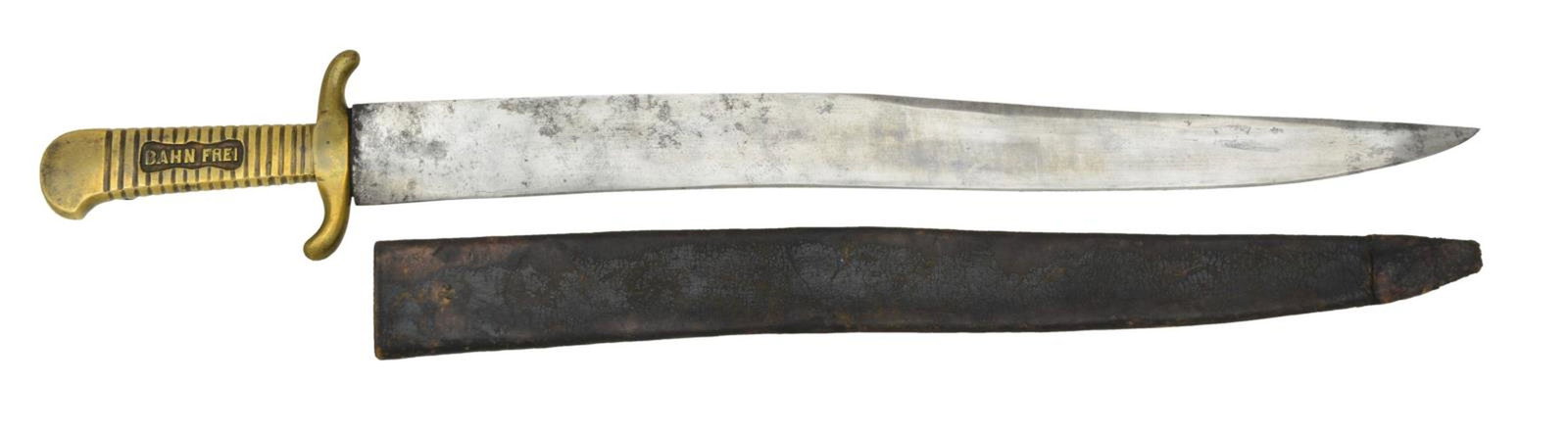 US CIVIL WAR PERIOD “BAHN FREI” BAYONET FOR THE: TURNER RIFLE. An excellent example of a rare “Bahn Frei” bayonet measuring 24 3/4" overall with a 19 1/2" blade. The flat blade has a 10 3/4" simulated false edge. The brass hilt has an S 